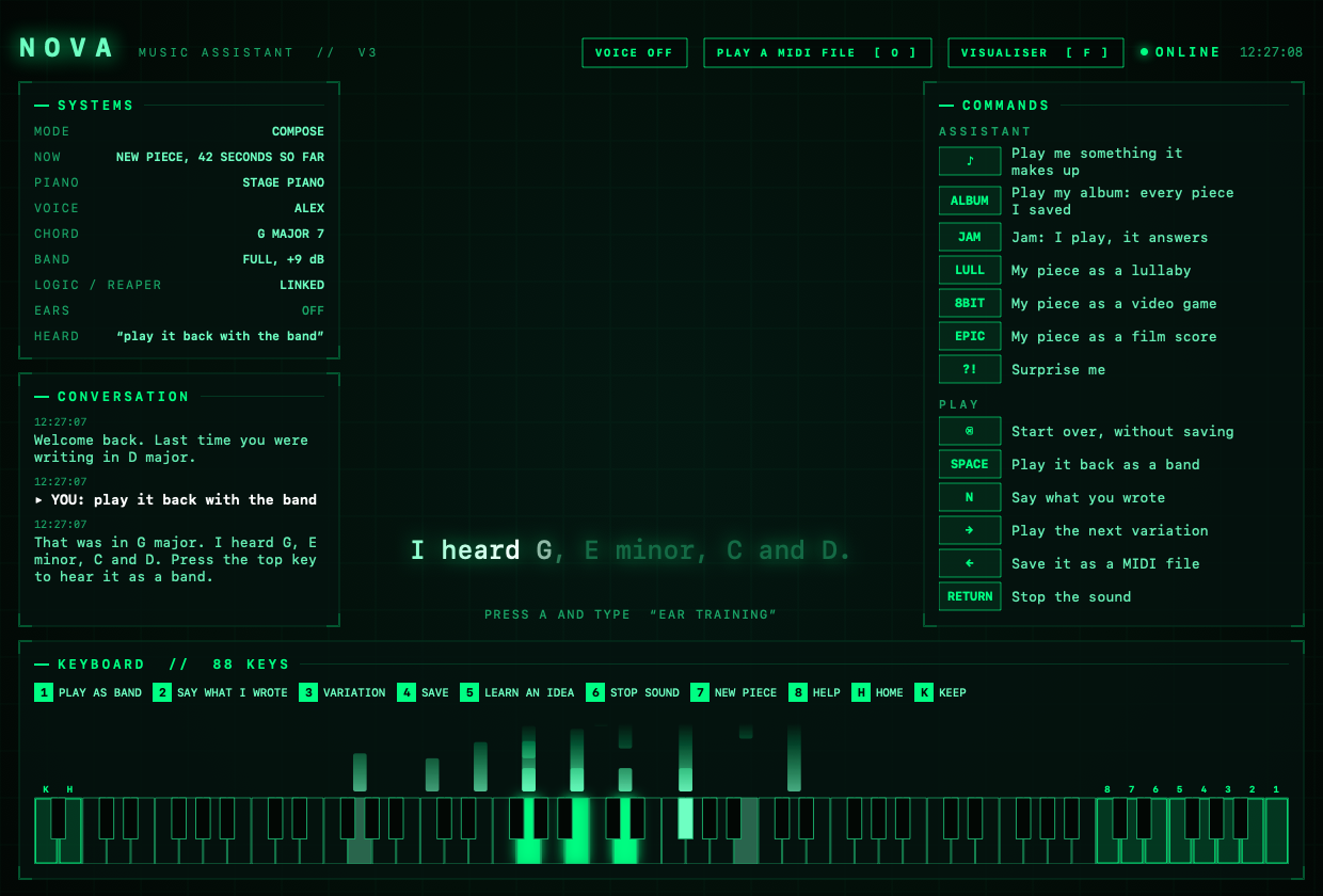 The Nova window: a dark green control room with a conversation log, a list of commands, and a piano keyboard that lights up as you play.